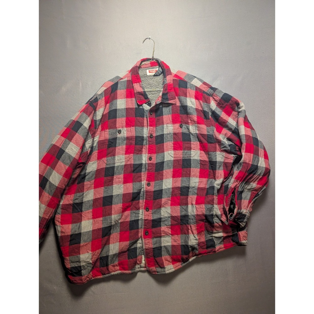 Wrangler Flannel Shirt Jacket Mens 3XL Buffalo Plaid Sherpa Lined Red Shacket